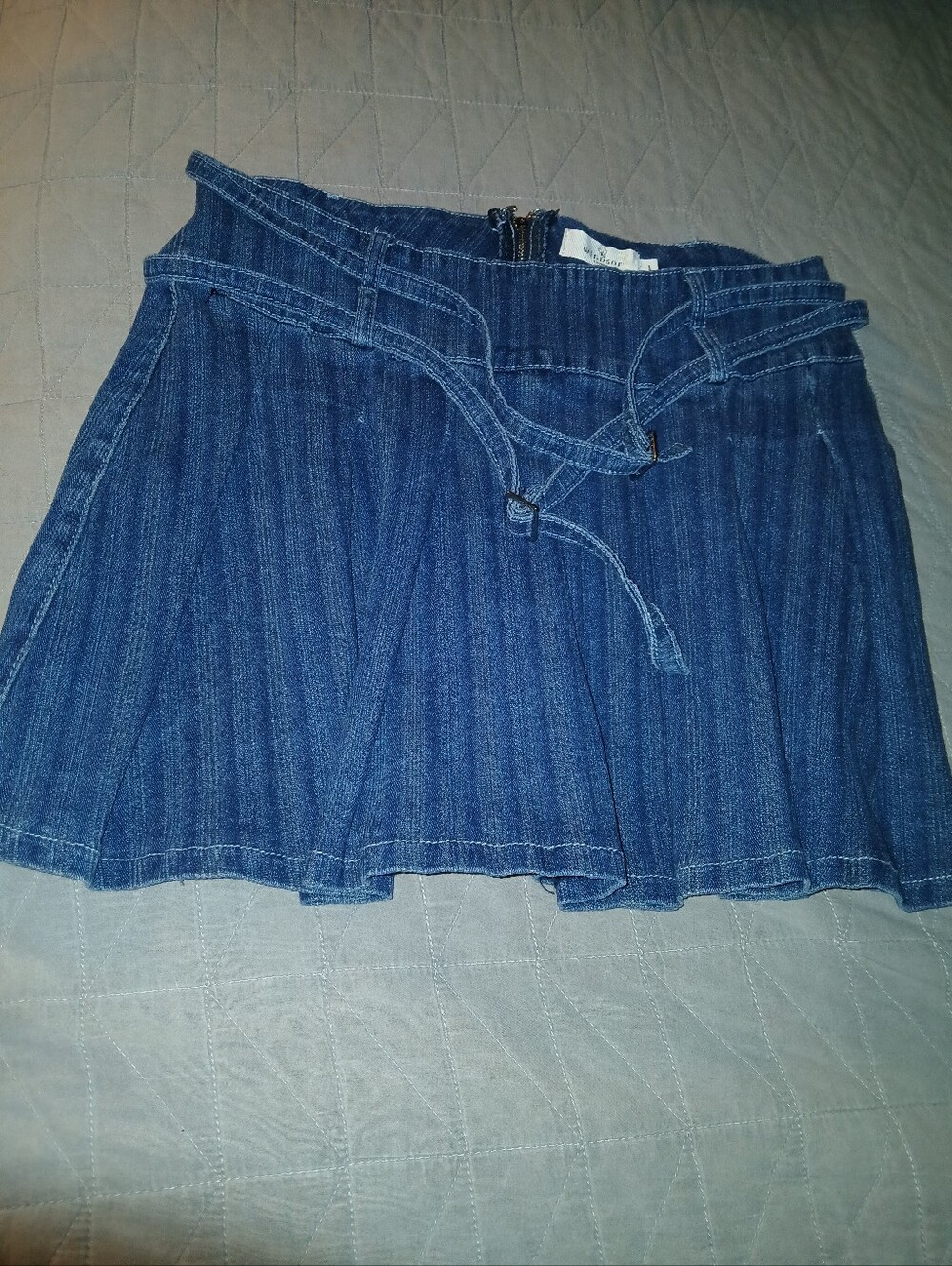 Windsor Blue Denim Pleated Skater Mini Skirt with Waist Tie